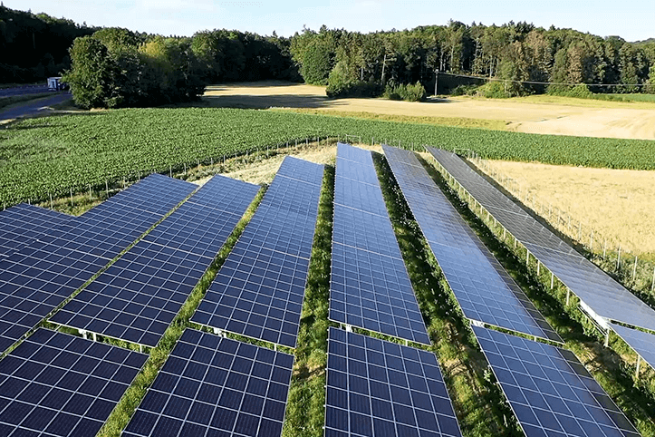 Drohnenaufnahme eins Solarparks auf einer Wiese