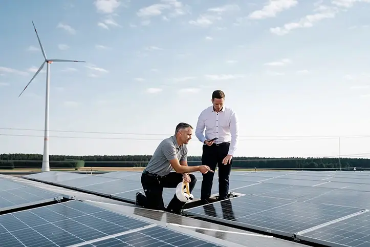Mitarbeiter und Berater auf einem Dach mit Solaranlage